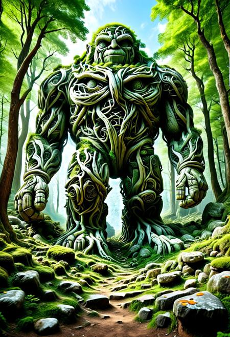 score_9,score_8_up,score_7_up, PG-TR, This is a vibrant, fantasy illustration of a large, golem-like figure that appears to be made of stones and rocks, partly overgrown with lush green foliage. The figure stands in a forested environment, with trees and plants surrounding it, and in the background, ruins or other stone structures are visible. The sky above is clear blue with some white clouds, indicating a sunny day.
The colossus itself is impressively large, with a broad posture and thick, robust limbs. Its body is a mix of gray and brown stones, some smoother than others, with cracks and moss growth emphasizing its age and natural integration. The most striking feature is the dense layer of bright green leaves covering large parts of its torso, shoulders, and upper legs, as if it has become part of the forest itself.
The colossus's face is somewhat human-like, with a stylized, flat nose and indentations suggesting eyes, all formed from stone. The overall atmosphere of the image is one of wonder and mystery, fitting for a fantasy world. <lora:Treeroots_0_90_multi2_Handprocessed_V2:1>