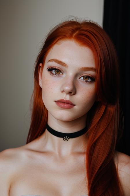 raw photo, (18yo redhead girl:1.2), makeup, graphic eyeliner, (choker:0.9), realistic skin texture, black ligerie, (red:0.8), softcore, warm lighting, cosy atmosphere