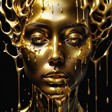 A highly detailed, surrealistic portrait of a woman's face, partially covered in dripping molten gold, with the gold seemingly splashing and cascading over her features. The face has a smooth, metallic texture, with the gold contrasting against a dark, glossy background. The expression on the woman's face is calm and serene, with her eyes closed as if in a state of peace or transformation. The artwork has a strong contrast, with the bright gold and the dark shadows creating a striking visual effect, emphasizing the fluid motion of the gold.