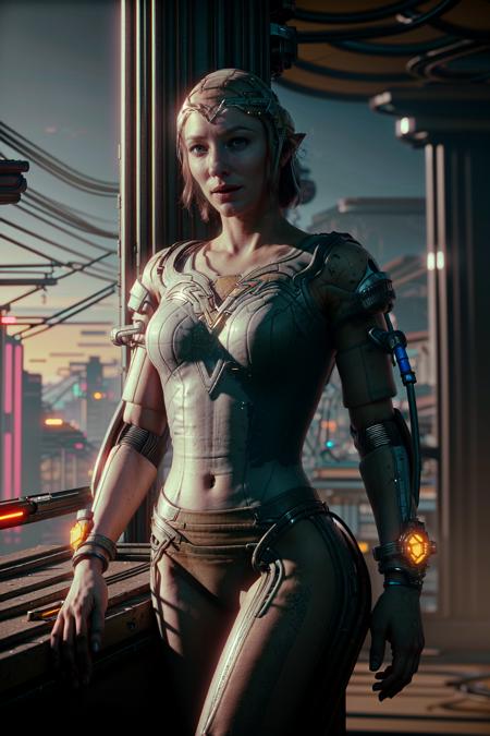 (((full body character portrait))),  dynamic battle pose, ((((realistic, photo of galadriel, long hair, blonde hair, elf, pointy ears, blue eyes, white dress, realistic, tiara, <lora:GaladrielV2:1>)))), ((((wearing cybernetic robotic arms and legs)))), dystopian futuristic scene,  epic scenery, colorful using complementary colors, inspired by Lord of the Rings and cyberpunk 2077, deep layered digital art, insane details, <lora:add_detail:1>, dystopian atmosphere, ((((background: futuristic middle-earth in cyberpunk 2077 style)))), masterpiece, best quality, 8k uhd, dslr, soft lighting, high quality, film grain, Fujifilm XT3
