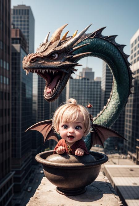 a great photo of 3D cartoon cute baby character, tiny chibi (dragon:1.3)_ <lora:add_detail:1>,  realistic, dynamic, action <lora:Background_Detail_v3:0.15>