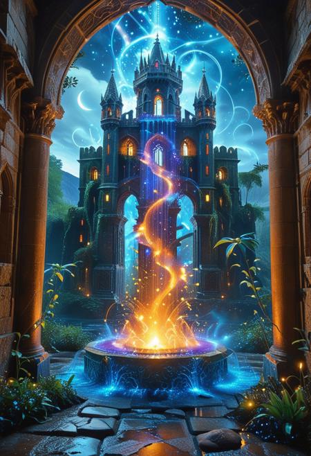 lazypos, A jaw-dropping Spanish citadel erupts from a valley of glowing wonders, every granite tower draped in pulsating bioluminescent vines that drip electric-blue sap onto mirror-smooth black bridges. The river below runs liquid neon, its currents swirling with plankton that explode into starbursts when fish disturb them.  Razor-edge precision defines the fortress’s obsidian spires, each etched with glowing Celtic circuitry that hums with Mystic Lumina. Dystopian glow ignites stained-glass battlements where fractured moonlight filters through, casting prismatic daggers across courtyards paved with luminescent marble.
The surrounding forest is a living lightshow, giant glowing lilies breathe mist that curls into spectral knights, willow branches drip molten gold pollen, and mushrooms throb like alien streetlamps. Every archway flickers with holographic frescoes of forgotten wars, their ghosts bleeding indigo and crimson into the night. The air itself vibrates with floating embers that rewrite reality where they land, one moment a drifting spark, the next a glowing raven that dissolves into math equations