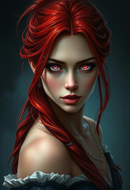 A woman with Red hair and Luminous eyes looks at the camera, Beautiful picture of the character, Charlie Bowater, high quality portrait, fantasy concept art portrait, detailed matte fantasy portrait, charlie bowater art style, Detailed beautiful portrait, fantasy art portrait, dark, chiaroscuro, low-key, oil and watercolor painting
