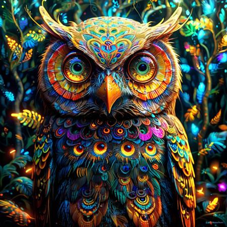 PsychadelicChaos, psychedelic owl, realistic owl with vibrant swirling feathers, chaotic and colorful patterns, glowing accents, surreal forest background with kaleidoscopic trees, wearing a glowing cat-shaped cap with trippy designs, radiant hues, intricate details, swirling textures, glowing forest floor, chaotic yet harmonious design, vibrant colors, abstract wonders, cosmic ambiance, mesmerizing and captivating atmosphere, surreal artistry, imaginative design, entirely SFW, no explicit content, delightfully chaotic and colorful scene, glowing owl eyes with hypnotic patterns, surreal lighting, kaleidoscopic elements, fantasy-inspired setting