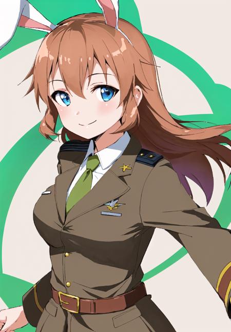 <lora:Shirley-10:1> Shirley  , portrait , upper body , 1Girl , Solo , long hair , orange hair , green jacket , belt , (white panties) , blue eyes , military ,green tie , military uniform , brown boots , standing , smile , bunny ears , goggles  , uniform , military ,