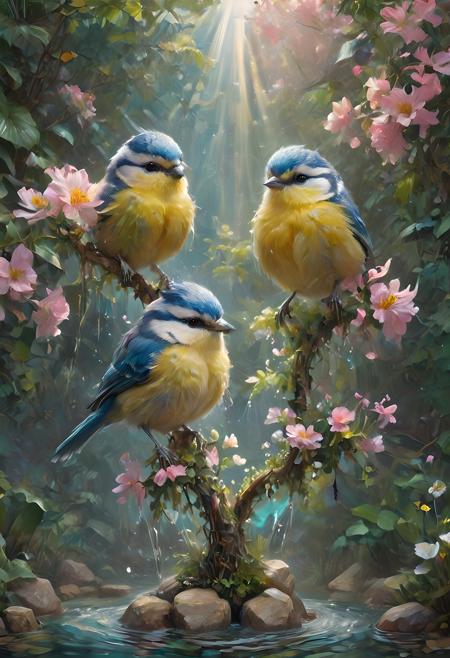 2eurasian blue tit,masterpiece,(intricately-detailed:1.1),ray tracing,subsurface scattering,(flowering garden setting:1.1),(water feature:1.1),(bathing:1.2),splashing,shallow pond,summer,sunbeams,branch in water,vibrant,award winning photography,sharp focus,fluffy birds,<lora:JuggerCineXL2:1>,<lora:more_details:1>,<lora:add_detail:1>,<lora:difConsistency_photo:1>,<lora:LaxpeintXL-2.0:1>,