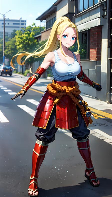 long hair blonde hair ponytail blue eyes white tank top samurai armor gloves