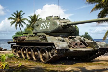 Tank t34 standing near bungalow, (tropical island background), shooting, day time, High Detail, Sharp focus, ((photorealism)), realistic, best quality, 8k, side view, sun in the sky