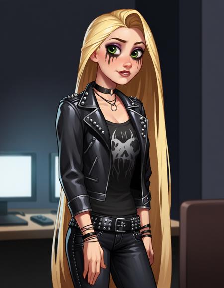 xmetalchicksx leather jacket choker necklace earrings makeup, lipstick facepaint studded <insert clothing item here> ammunition belt band shirt spikes black theme horror \(theme\) bracelet bracer