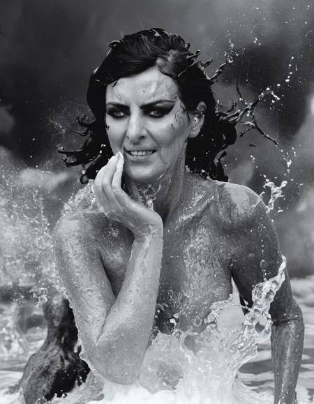 in the style of futurism, (surrealism), 666, satan, modernism, (brutalism), fire and brimstone, splashes of water, organic, liquified,