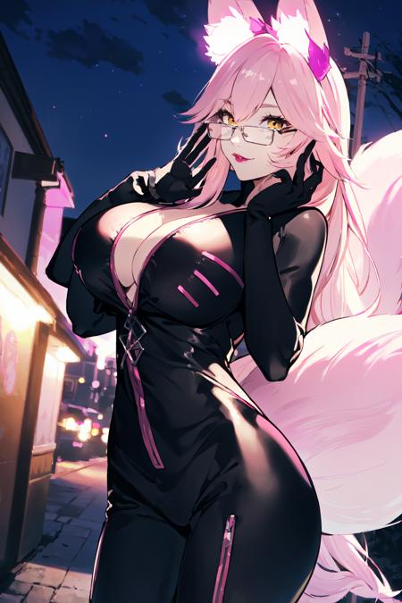 (AS-Adult:1.2), 1girl, solo, masterpiece, best quality, koyanskaya \(fate\):0.95, (huge breasts:1.15), yellow eyes:1.5, seductive smile:1.2, (absurdly long hair:1.4),  glasses, pink hair:1, , (mature female:1.2), (red lips:1.2), seductive expression, (night time, night:1.5), lights off, (fox ears:1.2), animal ears, ((pink fox ears:1.4)),  seductive smile:1.2,  (slim waist:1.2), (pink fox tail:1), contrapposto,  hair between eyes,  (pink fox tail:1.5), 1, curvy,  nice hands, perfect hands, <lora:GoodHands-beta2:1.0>, <lora:Koyan-dama-2:0.6>, koyan-la1, black bodysuit, cleavage:1, partially unzipped, red lips:1