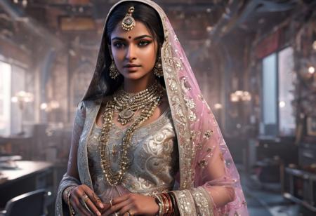 A stunning 3D render of a young Indian teen model adorned with bridal makeup, wearing a stylish brocade lehenga suit in a busy office setting. She has a captivating presence, with perfect facial features and a mysterious half-cyborg face. The background showcases a modern office environment, with a touch of fantasy. The overall aesthetic is a blend of high fashion, cyberpunk, and enchanting supernatural elements., 3d render, photo