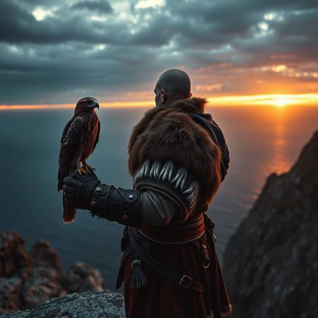 a middle aged viking falconer with his falcon staying on the gauntlet of his right arm, him standing on the edge of a cliff, staring at the infinite sea at the sunset, 8K HDR, Studio quality, Cinematic, intense, dramatic, epic