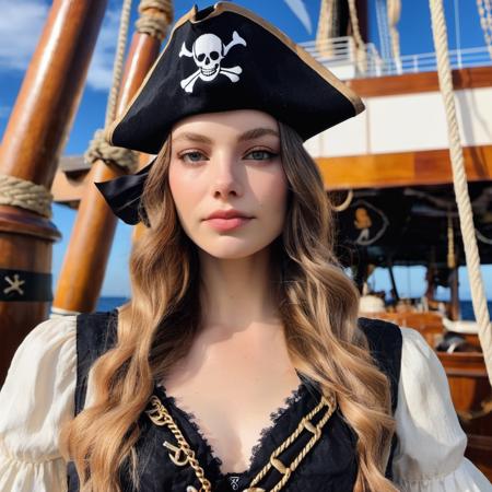 Skin Texture, Instagram iPhone Portrait photo of a woman wearing a pirate outfit on the open seas, Nikon Z9, (sharp focus), (high quality),  krsxfroseth,     <lora:krfroseth_juggerX_xl_1_st_woc_merger_39_56_82_04_04_02-krsxfroseth:1>
