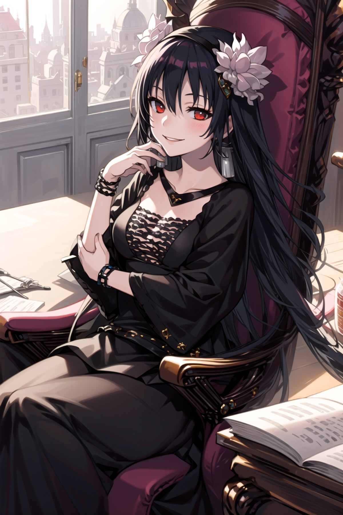 1girl, masterpiece, best quality, illustration, miracle tou, indoors, sitting, chair, black dress, hair ornament, flower, ...
