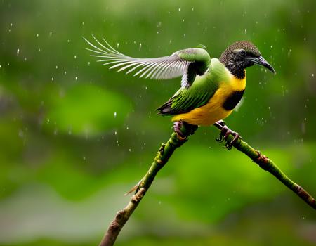 burung di tangkai pohon, photography, bokeh, blur, hujan deras, basah,