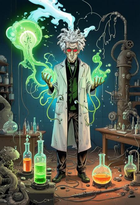 A wild-haired mad scientist toiling in his sinister laboratory, illuminated by flickering neon lights and the eerie glow of bubbling test tubes. His disheveled white hair stands on end like static-charged wires, spilling out from beneath a bizarre helmet adorned with fluorescent, glowing test tubes in hues of green, blue, and orange. He wears a stained and slightly tattered lab coat over mismatched clothing, and thick, oversized goggles obscure his eyes, reflecting the chaotic energy of the lab. Around him, the laboratory is a cacophony of cluttered tables covered with bubbling beakers, sparking Tesla coils, and glowing chemical vials. The air is hazy with smoke and the hum of strange machinery fills the space. Behind him, a large, ominous contraption hums with life, its wires snaking across the floor, as if itas waiting for his next demented revelation.