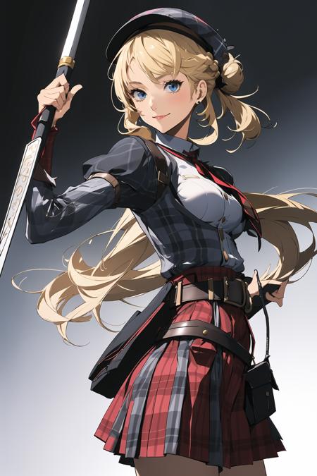 <lora:kisekienami:1>kisekienami, 1girl, solo, weapon, long hair, skirt, hat, blue eyes, blonde hair, smile, breasts, jacket, shirt, belt, holding, ribbon, looking at viewer, hair ribbon, plaid skirt, medium breasts, hair bun, pouch, plaid, closed mouth, beret, long sleeves, single hair bun, puffy sleeves, polearm, staff, belt pouch, cowboy shot, black headwear, from side, juliet sleeves