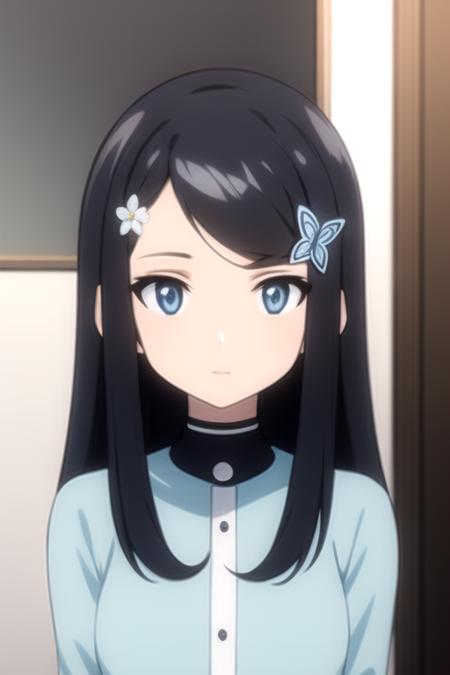 Mitsuha Yamano, long black hair, bangs, long sideburns, butterfly hair ornament, flower hair ornament, bright blue eyes,girl,