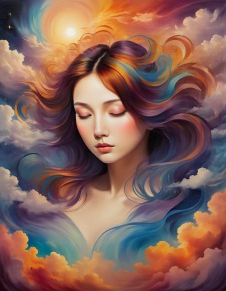 A surreal landscape with a woman's face in the clouds, surrounded by swirling patterns and vibrant colors. The woman's eyes are closed and she has a peaceful expression on her face. The landscape is bathed in a warm, golden light.