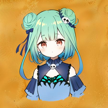 <lora:testbluerushia:1>,  bluerushia, green hair, double bun, short hair, blue bow, skull hair ornament,