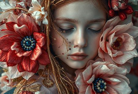A dreamy, ethereal portrait of a young girl with porcelain skin and closed eyes, surrounded by an intricate tapestry of embroidered textures and oversized floral patterns. Her face is partially veiled with delicate, metallic threads resembling vines or lace, blending into a surreal garment that combines rich golds, pearlescent whites, crimson reds, royal blues, and pale pinks. The flowers look like three-dimensional oil brushstrokes, merging embroidery and painting. The lighting is soft and intimate, creating a magical, surreal atmosphere. High fashion meets fantasy art, inspired by haute couture and floral dreamscapes, ultra-detailed, 8K resolution, moody lighting, Vogue editorial style.