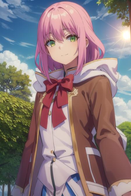 nornclatalissajioral, <lora:norn clatalissa jioral s1-lora-nochekaiser:1>,
norn clatalissa jioral, long hair, hair between eyes, (green eyes:1.5), pink hair, smile,
BREAK long sleeves, dress, bow, red bow, hood, robe, white robe,
BREAK outdoors, forest, nature, grass, trees, sun, sky, clouds,
BREAK looking at viewer, (cowboy shot:1.5),
BREAK <lyco:GoodHands-beta2:1>, (masterpiece:1.2), best quality, high resolution, unity 8k wallpaper, (illustration:0.8), (beautiful detailed eyes:1.6), extremely detailed face, perfect lighting, extremely detailed CG, (perfect hands, perfect anatomy),