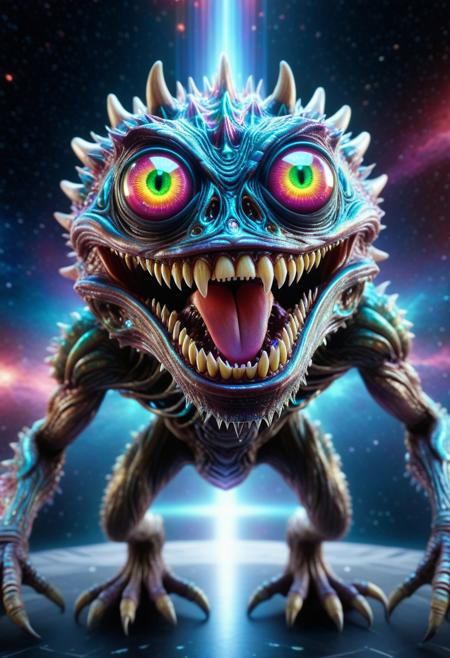 masterpiece,ultra-high resolution,incredible composition,extremely detailed, Holography
 monster with googly eyes, sharp teeth, rage extraterrestrial inside it, in space. made of beaten enchantment made out of holograms