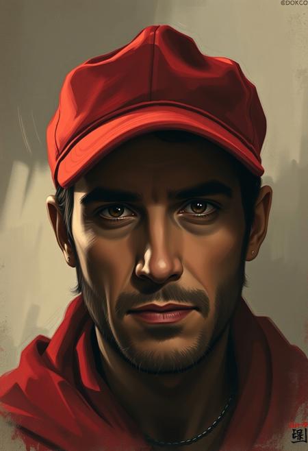 A man in a red cap, staring directly at the viewer with a calm expression, his features finely rendered but the surrounding space subtly abstracted,
Renaissance portrait realism, modern textured illustration, soft yet structured brushwork, delicate chiaroscuro, warm muted color palette, finely detailed facial expressions, subtle atmospheric lighting, simplified yet expressive backgrounds, balance of precision and painterly abstraction, narrative depth, timeless yet contemporary aesthetic, visual storytelling through light and texture