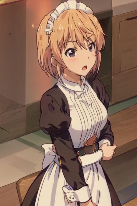 best quality, masterpiece, highres, solo, {maid:1.40}, {long maid dress:1.15}, {oshieda_atsuko_ahogirl:1.15}, short_hair, blonde_hair, purple_eyes, parody, open_mouth, blush