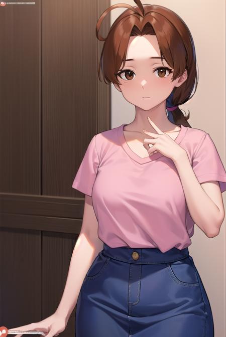 deliaketchum, brown hair, (brown eyes:1.7), parted bangs, (ahoge:1.5), ponytail, low ponytail, shirt, pink shirt, short sleeves, skirt, blue skirt, long skirt,