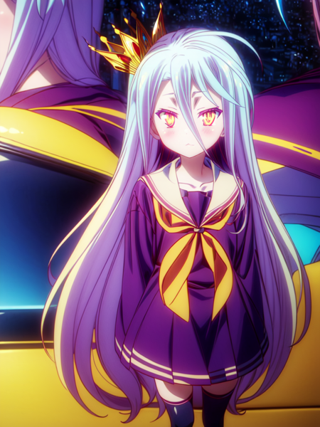 anime style,anime coloring,1girl,long hair,1girl,solo,school uniform,looking at viewer,serafuku,blue hair,very long hair,crown,blush,thighhighs,hair between eyes,yellow eyes,skirt,red eyes,neckerchief,sitting,shirt,sailor collar,long sleeves,closed mouth,black thighhighs,purple hair,yellow neckerchief,orange eyes,white sailor collar,simple background,blue thighhighs,zettai ryouiki,purple shirt,collarbone,purple skirt,smile,brown eyes,full body,standing,Starry City Background