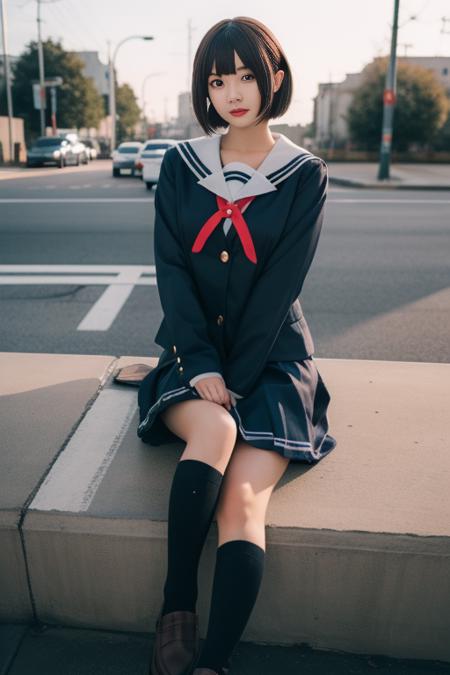 ultra-detailed,highly detailed,best quality,masterpiece,illustration,
kato megumi,1girl, school uniform, katou megumi, solo, cosplay, 
short hair, bob cut, jacket, blunt bangs,
serafuku,socks, loafers,sailor dress,neck ribbon, long sleeves,
looking at viewer,full body, 
<lora:kato megumi_uni_v1_02:0.7>