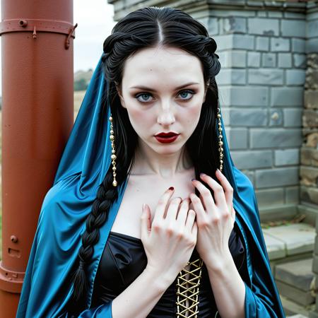pale beauty, (analogue photo) of a beautiful 20 years ((Goth)) woman with ((black hair)) and (((pale skin))), <lora:Brenna_SDXL:0.8>, she has white makeup, dark lipstick and eyeshadow, ((pale skin)), (blue eyes) woman, ((oval face)), black haired woman ,Draped in a gold-accented black brocade cloak, red glitter tears streaking her pale cheeks, she prays before a crumbling altar beneath a bleeding sunset sky., (braided hair:1.3),,low light, soft natural light, Rembrandt style light, Hasselblad DLSR camera, 200mm Zeiss lens, f/2.8, ,Sexy pose, erotic pose, exhibitionism ,retro arcade lounge