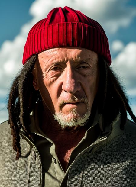 (masterpiece, best quality), Jonathan Banks as Mike Ehrmantraut rastaman wearing (Rasta beanie Bob Marley), 1man,  professional photography, high resolution, 8k, detailed photo <lora:mikeet:1>, hyperealistic, ultrasharp