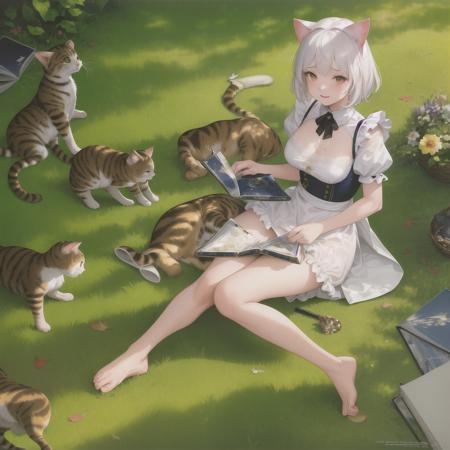 (best quality),(highly detailed),(masterpiece),(ultra-detailed),(absurdres),(((artbook))),((8k_wallpaper)),big ass,Bare thigh,huge_breasts,barefoot, 1girl, solo, animal ears, cat, barefoot,cat ears, short sleeves, grass, short hair, smile, white hair, puffy sleeves, white dress, maid, sunlight, brown eyes, dappled sunlight,petite, outdoors, puffy short sleeves, bangs, full body, tearfully, crying, cats, white-patterned underwear