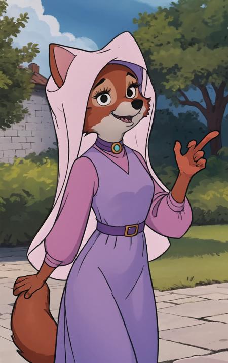 CARTOON_MaidMarian_ownwaifu,
1girl, furry, furry female, animal ears, black eyes, body fur, snout, two-tone fur, orange fur, animal nose, fangs,  tail,
dress, long sleeves, purple dress, veil, choker, jewelry, brooch, hood up, long dress, belt, gem, puffy sleeves,
<lora:CARTOON_MaidMarian_ownwaifu:0.9>
((masterpiece)),((best quality)),(highres, absurdres), original, official_art, looking at viewer, solo, focused, outdoors, day, cowboy shot,