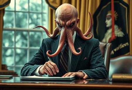 president cthulu in a sharp pin striped suit posing for presidential portrait in the oval office, real photograph, signing bill, ominous evil
