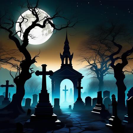 Digital Art Style of amist-enshrouded graveyard where ancient tombstones and looming spires cast long forlorn shadows under the ghostly light of a full moon. Twisted trees stand sentinel their barren branches etched like dark veins against a sky heavy with the whispers of the departed