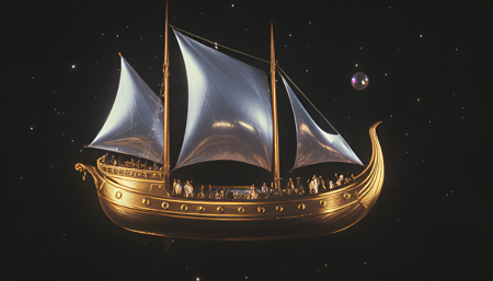 ArsMovieStill, 80s Fantasy Movie Still, a golden barge with silver mirrored sails floating in space. The stars are colored lights on a black backdrop.