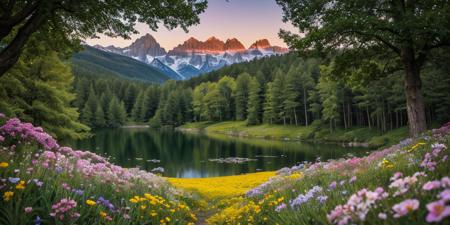 masterpiece, best quality, ultra-detailed, realistic, 8k, a pine tree, flowers fields, many kinds of flowers, a couple of rabbits on very distant, lakes, meadows, glitter, moonlight, out-of-this-world scenery, lifelike, naturalism, greatest naturalism photo, immaculate detailed realism photography, rich colors, best colors perfect composition, perfect colors, colorful, clear photo, intrigue nature panorama, delicate nature photo, immaculate micro-details nature elements, out-of-this-world scenery, landscape, flowers, crystal fantastic, breathtaking beautiful nature, unmatched beauty nature, more nature elements, rich nature elements, aesthetic, artistic style, surreal, insanely lifelike, top best naturalism photography, greatest detailed, intricate details, depth of field, no human, detailerlora,
