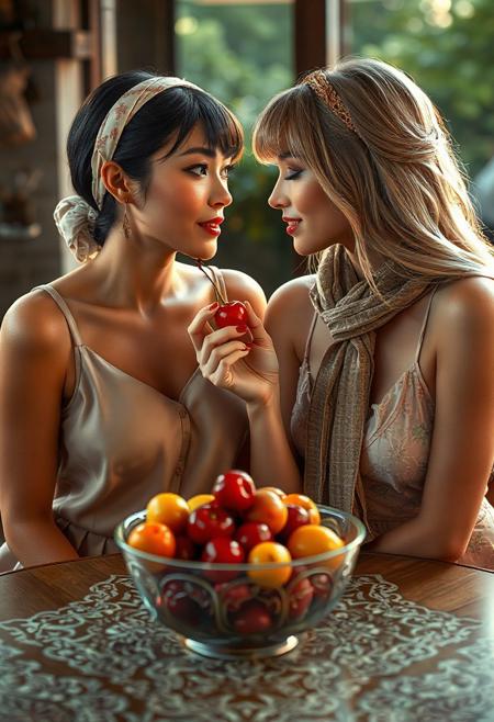 real life realistic, two beautiful women at a table, bowl of fruit between them, women looking in each other's eyes lovingly as one offers a cherry to the open mouth of the other woman.  One  hand is on the cheek of the other woman. one Asian, one blonde Swede. one small breasts, one large breasts. one sleeveless blouse and skirt, one sundress. one headband, one scarf. one bangs, one long hair.
score_9, score_8_up, very detailed, detailed eyes,  high detailed texture, realistic, photorealistic, perfect eyes, real life realistic, Expressiveh, Stable_Yogis_PDXL_Positives, midjourneylora, detailed background, dynamic angle, volumetric lighting, godrays, beautiful, small breasts, green eyes,