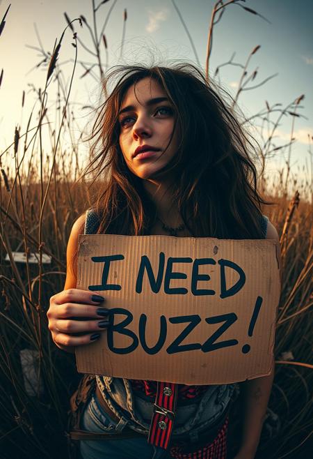 ”(masterpiece, intricate:1.3), (best quality, hires textures, high detail:1.2), golden theme, lora:Starry_Morph:1 starry_morph,woman in the wild, rotten aesthetics, comically exaggerated with a fisheye lens effect (12mm), very high resolution, decayed cardboard sign reading ‘I NEED BUZZ!’ placed near the scene, weathered textures, humorous yet gritty atmosphere, cinematic composition.”