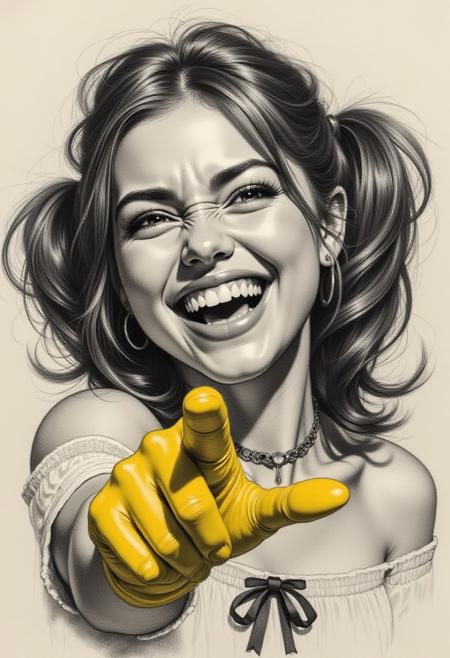 Pencil drawing, black and white, pencil strokes, black pencil shading, charcoal drawing, toned paper, pencil drawing, brutal dark black and white color scheme, sketch, ((masterpiece)), (highest quality), (best quality). high resolution, absurd, masterpiece, best quality, portrait, focus on face, smile, open mouth, pointing at viewer, yellow glove, laugh, mockery, tears, exaggerated laughter, solo, eyes, hair, twintails, cropped shirt, off-the-shoulder shirt, ribbon necklace