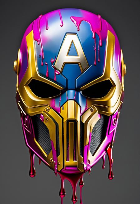 Surrealist, Captain America Mask made of Magenta  metal, dripping with melting yellow metal, intricate, elegant, photorealistic, studio lighting, grey background, fantastic four