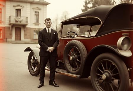 A sharply dressed man from the early 1900s poses beside a grand touring car, its body long, elegant, and punctuated by intricate metalwork. His expression is confident yet reserved, hands gently clasped, one foot resting on the car’s running board. The atmosphere is one of poised silence, captured through the lens of aged analogue film. Every visual detail is textured—soft grain weaves through the frame, light leaks bleed faint gold from the corner, and slight blur keeps nothing too sharp, too modern. The palette whispers of time: dusty grays, warm browns, hints of copper. The building and trees in the background fade into softened bokeh, as if time has eroded their edges. Faint scratches trace the image like scars, while subtle vignetting embraces the scene in a slow cinematic pull. It's less a photograph and more a ghostly moment made visible—tactile, imperfect, deeply human.