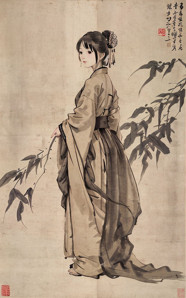 shukezouma, negative space, , shuimobysim , <lora:shuV2:0.8>, portrait of a woman standing , willow branches, (masterpiece...