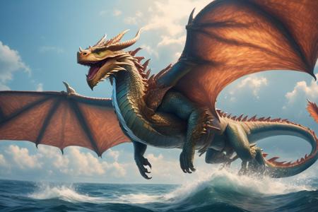 fisher dragon flying over the ocean
<lora:Classic Western Dragons XL:0.9>, (masterpiece),  best quality, highres, 4k, 8k, Detailed Illustration, intricate detail, cinematic lighting, amazing quality, 1girl, fit female, amazing shading, soft lighting, facing camera, perfect eyes