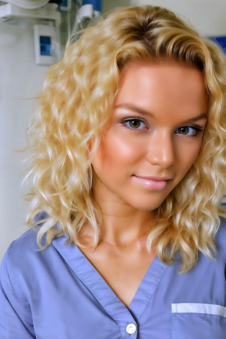 A photo from (cute:1.2) 20 year old woman_elizaveta with blond hair, looking at camera, best quality, photo, highly detailed, sharp focus, 8k, god rays, slim girl, 8k high definition, high detail eyes, highest quality, skin texture, masterpiece, best quality, perfect lighting, cinematic lighting, (sharp focus:1.2), HDR, beauty, ultra-detailed, amazing, eos, skin_pores,  (shy:1.3), blushed, (smiling:1.2), kissing lips, <lora:more_details:0.2> <lora:Elizaveta_v3:1>, standing in a (hospital:1.2), wearing a (white uniform:1.2)