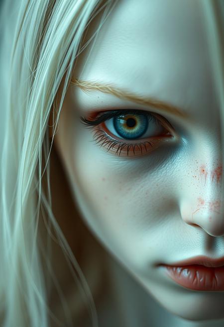 super close up shot of an albino underworld girl, eyeballs without iris, hyper realistic, ultra detailed, translucent oiled skin